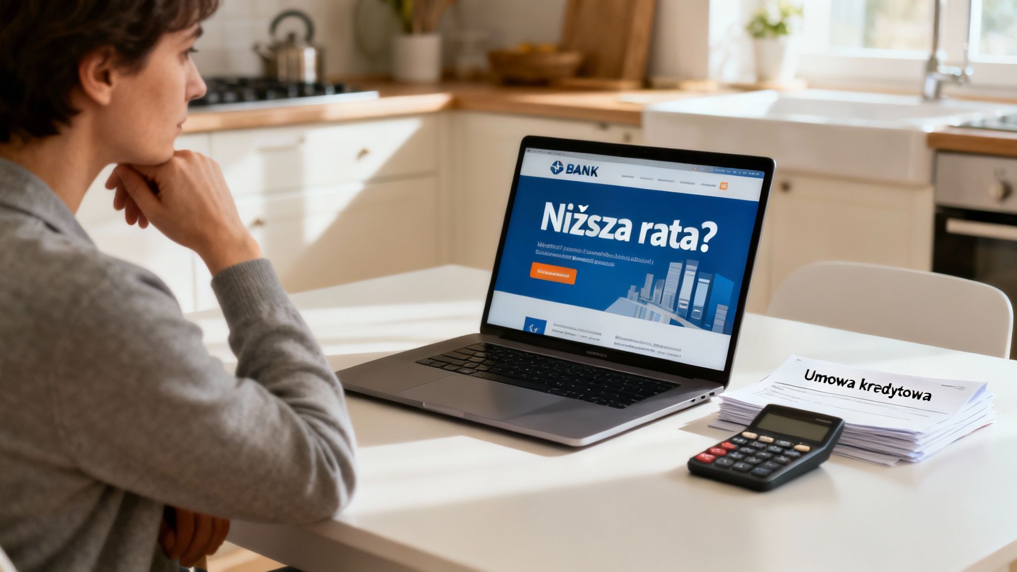 Kobieta analizuje ofertę bankową dotyczącą niższej raty kredytu na laptopie, obok dokumentów umowy kredytowej i kalkulatora.