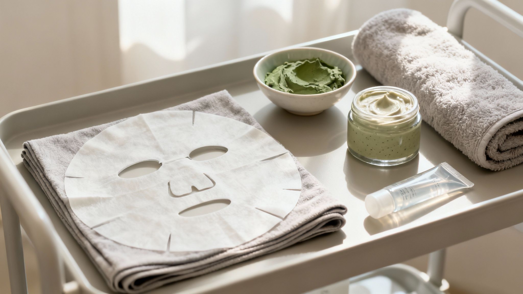 Taca z akcesoriami do pielęgnacji skóry: maseczka w płachcie, miska z zieloną glinką, krem i zwinięty ręcznik.
