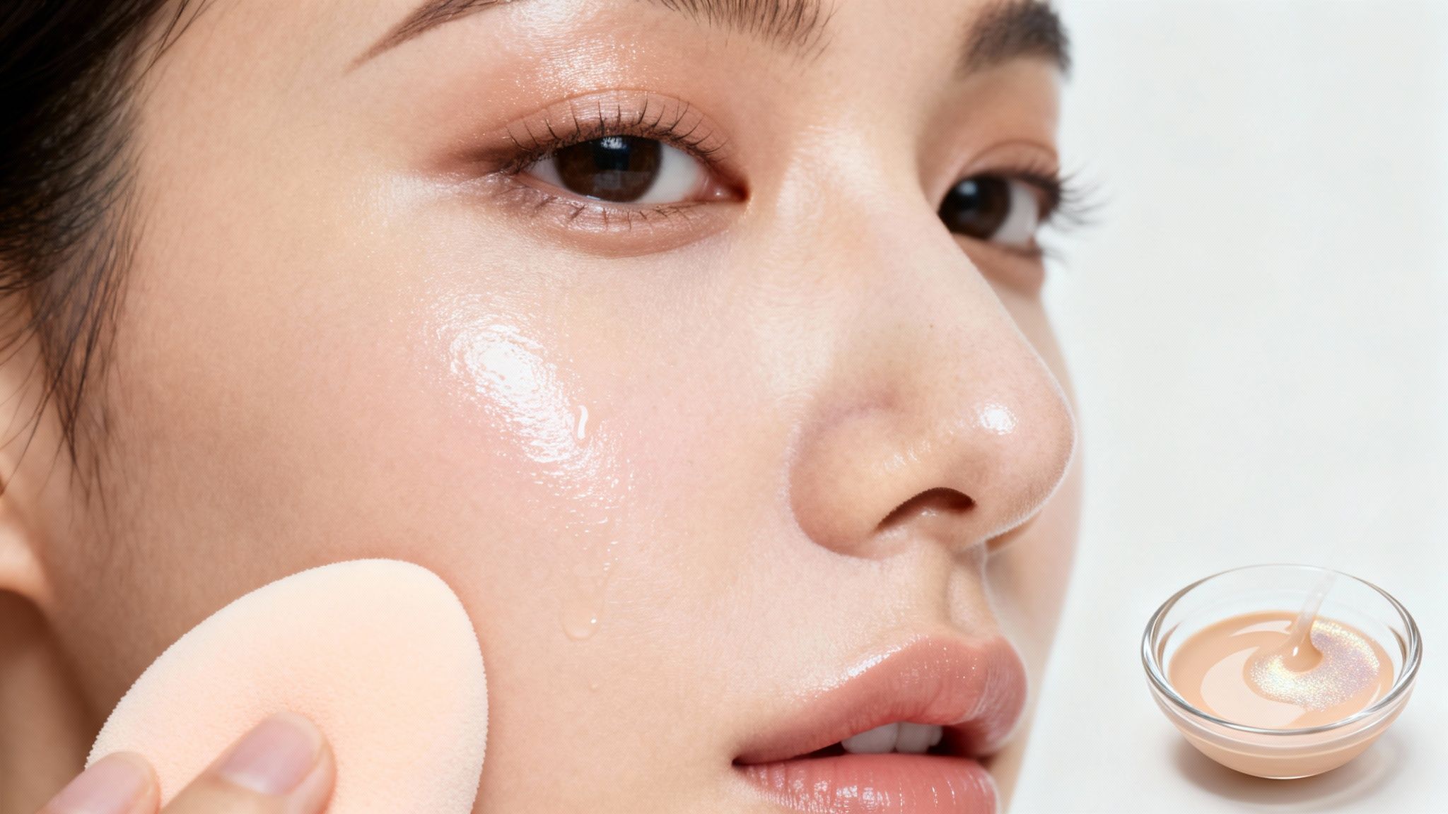 Bliska twarz kobiety z lśniącą skórą, nakładająca produkt kosmetyczny gąbką, obok miska z podkładem.