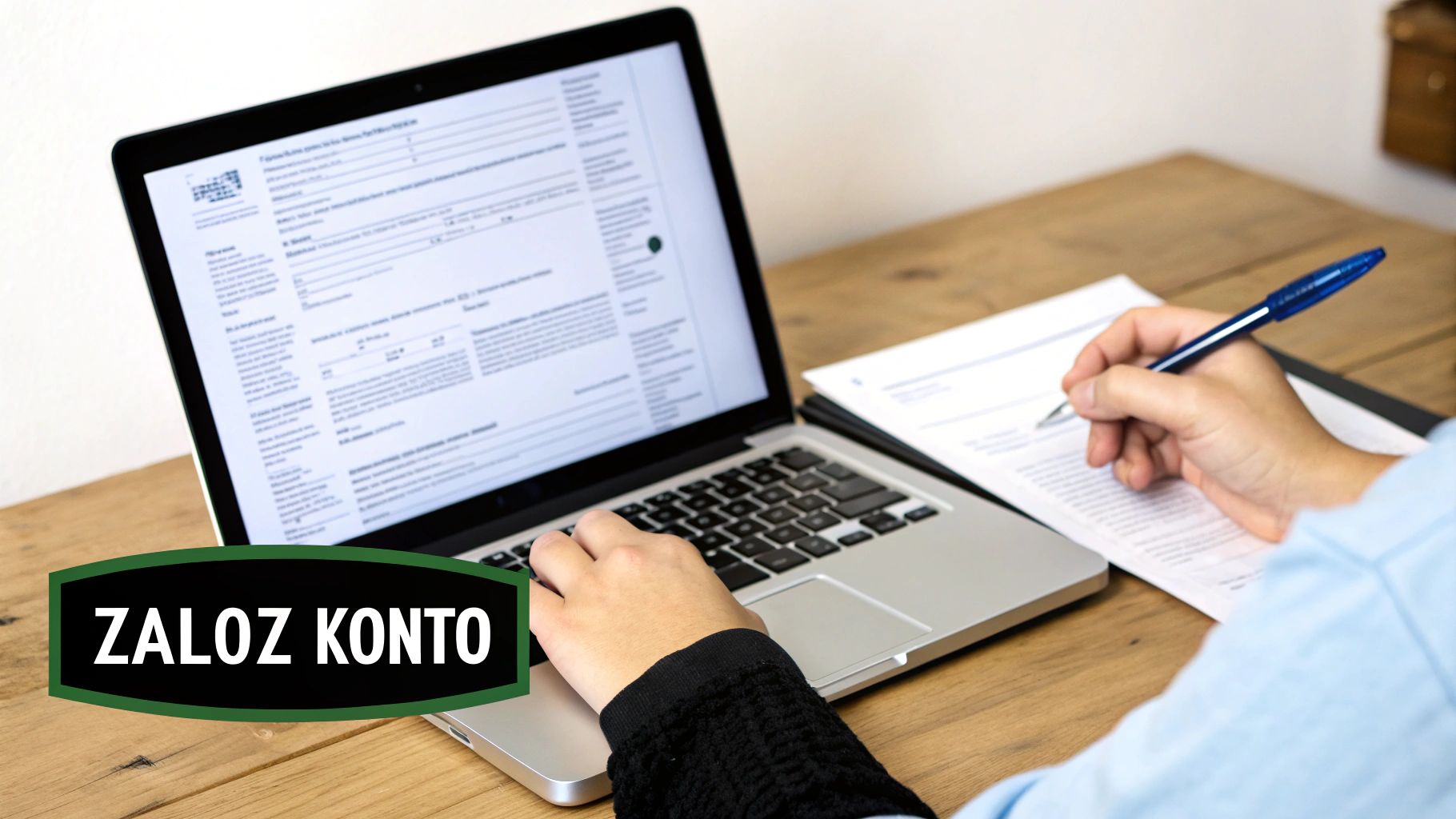 Osoba korzystająca z laptopa i pisząca długopisem na formularzu, obok widoczny napis 'ZALÓŻ KONTO'.
