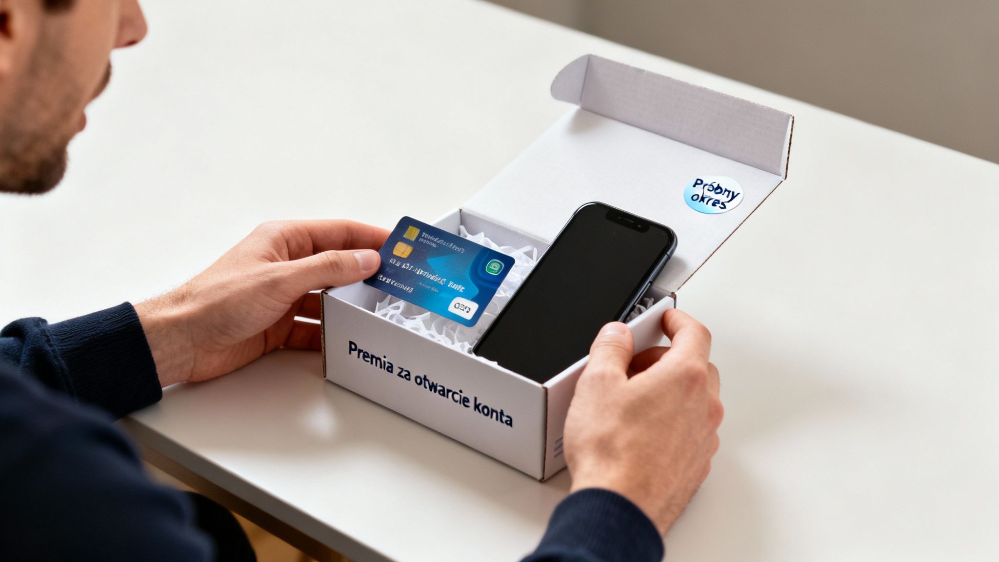 Mężczyzna otwiera pudełko z premią za otwarcie konta, zawierające kartę bankową i smartfon.