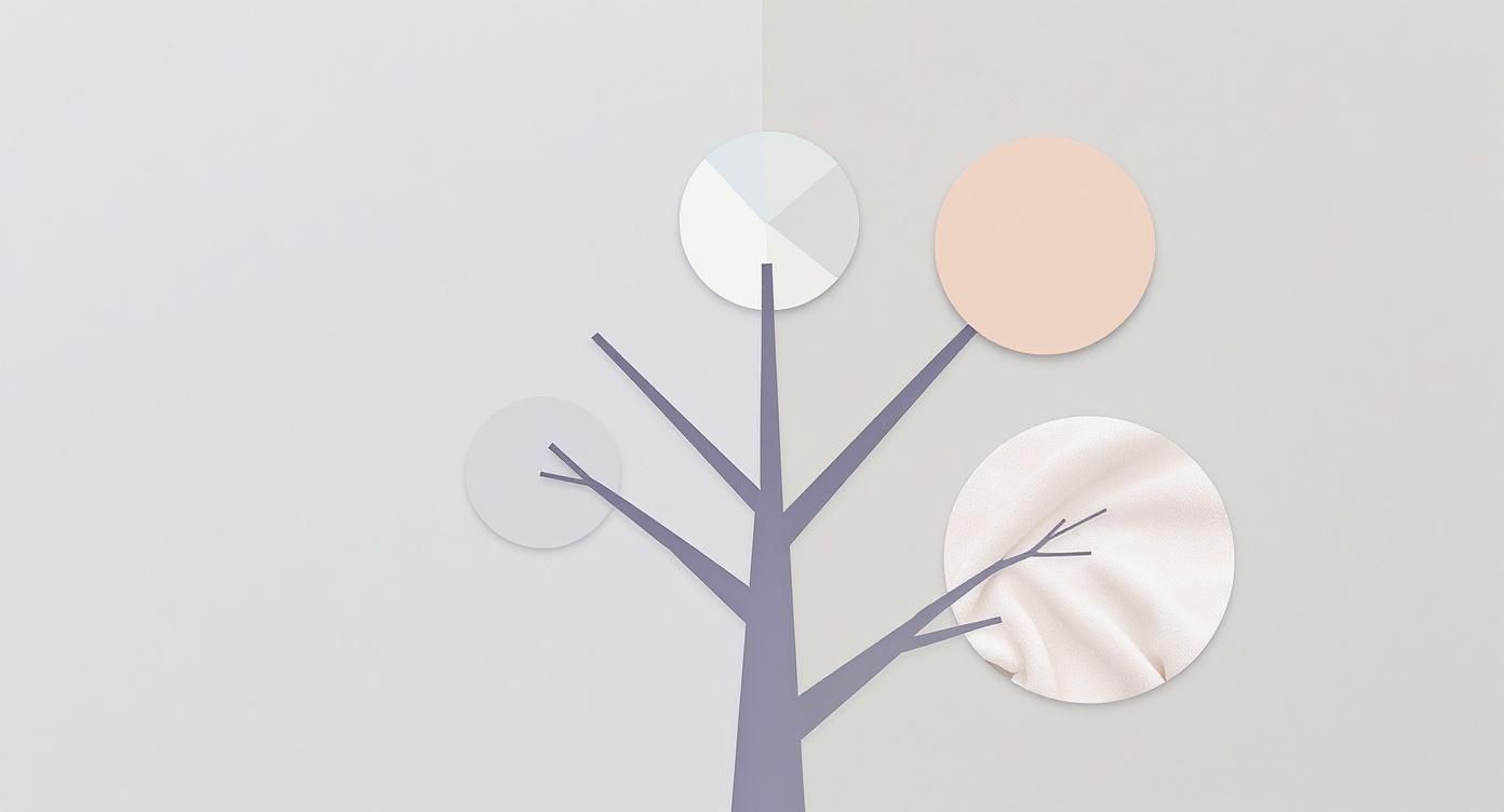 Minimalistyczna ilustracja drzewa z okrągłymi liśćmi: wzór koła kolorów, brzoskwiniowe tło i tekstura materiału.