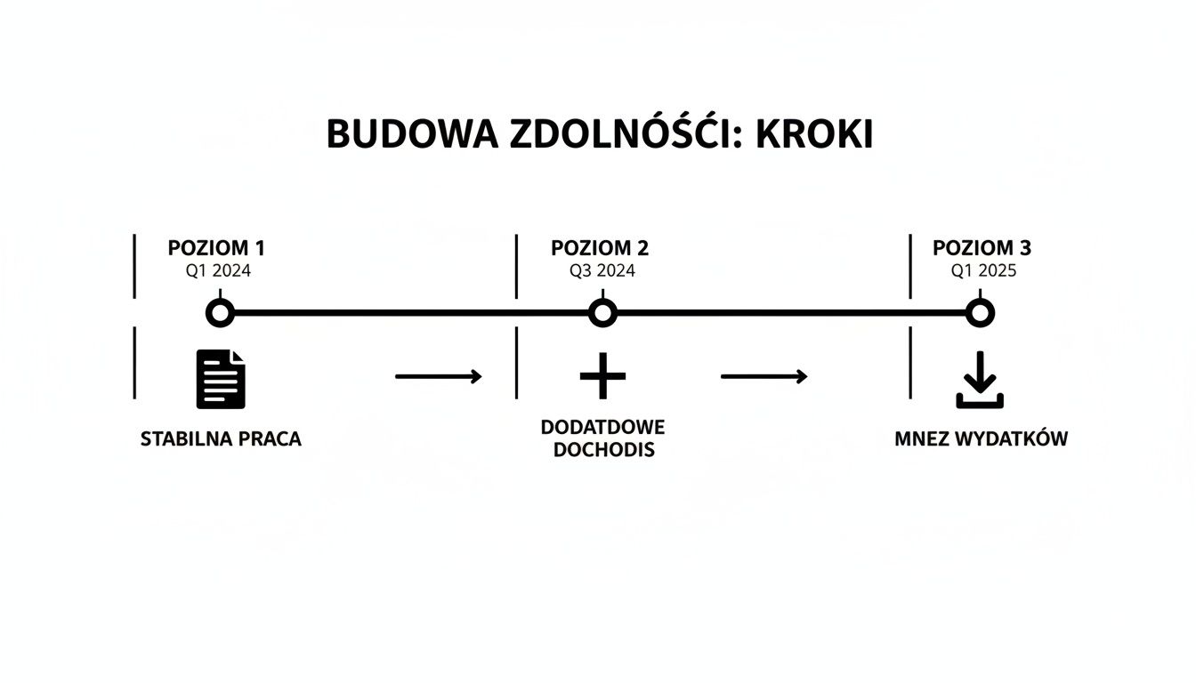 Infografika przedstawia etapy budowania zdolności: stabilna praca, dodatkowe dochody i mniejsze wydatki na osi czasu.