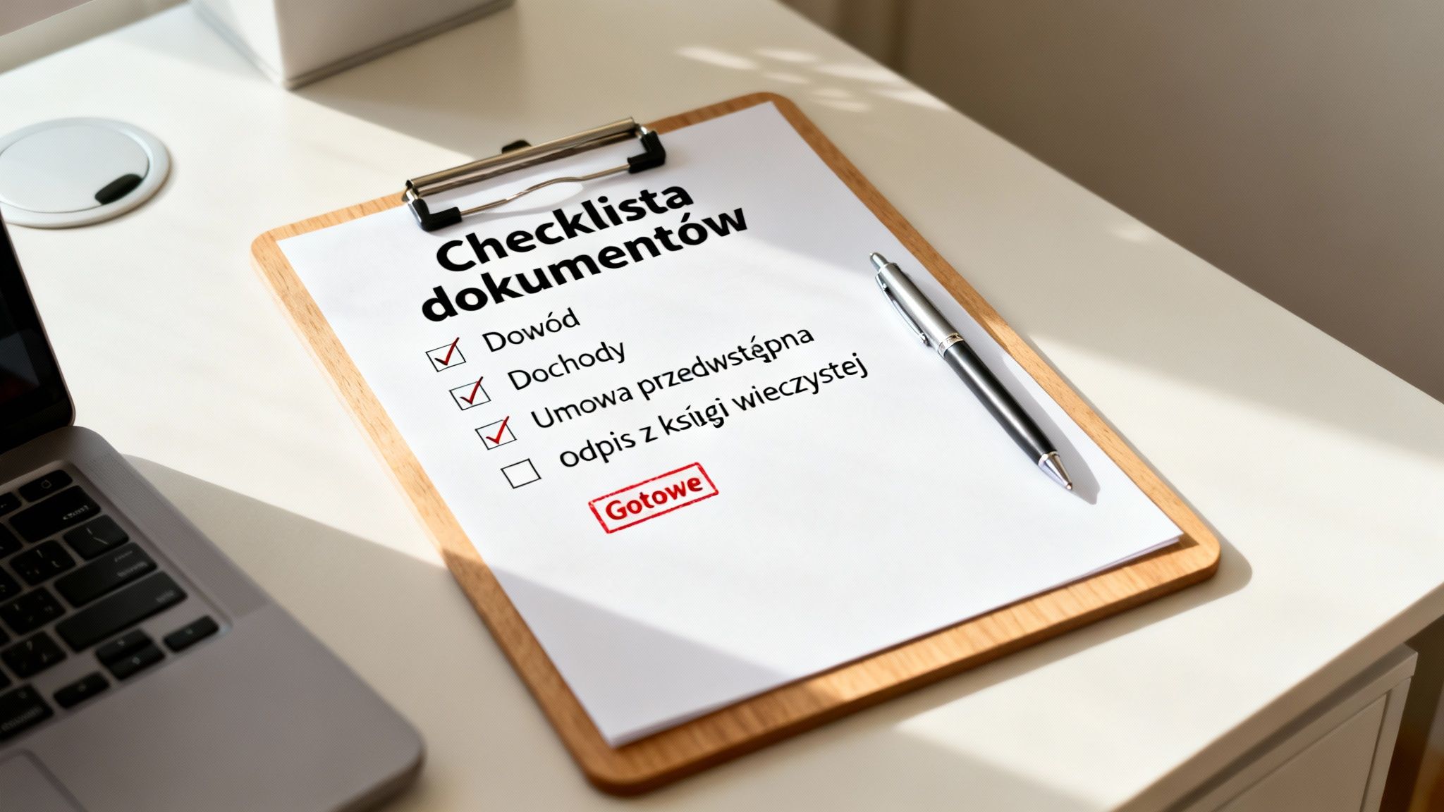 Checklista dokumentów z zaznaczonymi punktami na schowku, z długopisem obok i częściowo widocznym laptopem na biurku.