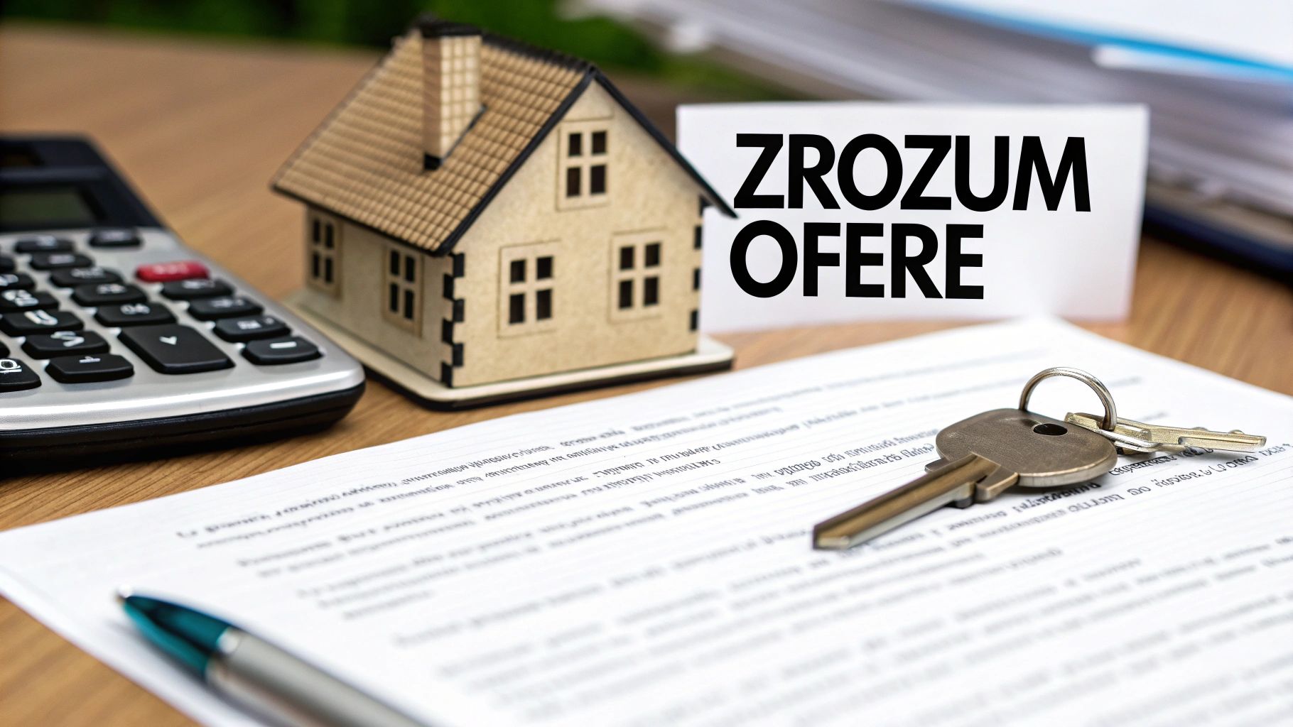 Dom, kalkulator, klucze i dokumenty symbolizujące zakup nieruchomości oraz analizę oferty kredytowej.