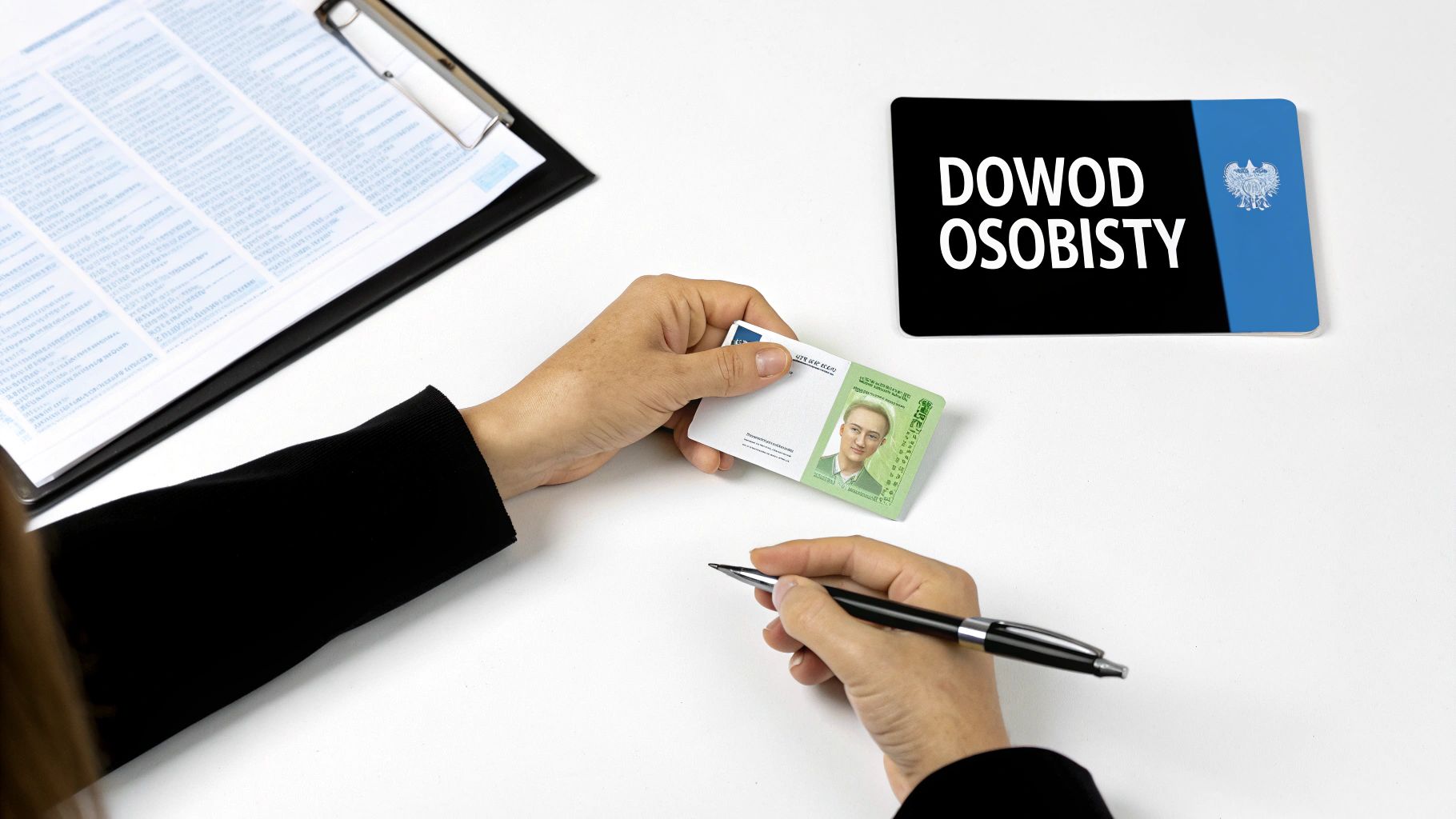 Ręce osoby trzymającej polski dowód osobisty i długopis. Na stole dokumenty i grafika dowodu.