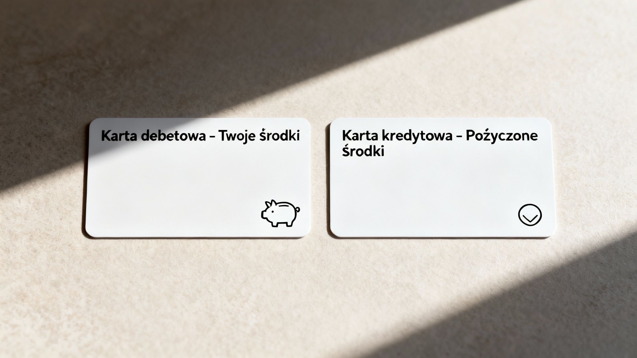 Dwie białe karty: debetowa z prosiaczkiem (Twoje środki) i kredytowa z haczykiem (Pożyczone środki) na beżowym tle.