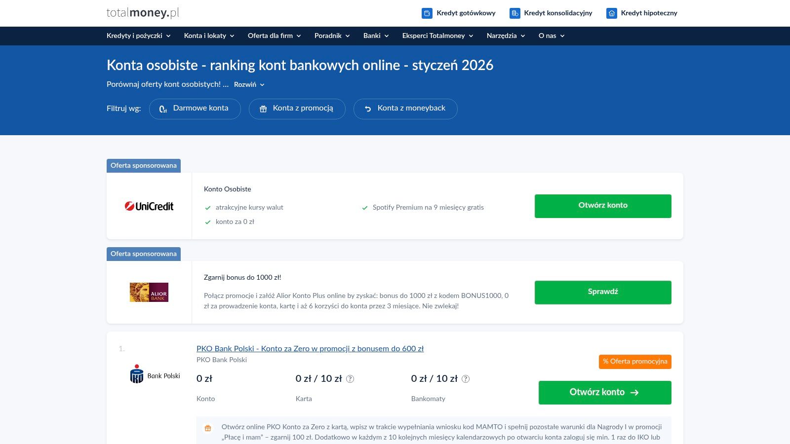 Ranking kont osobistych 2026: top 5 darmowych kont z premią 4 - Scori Totalmoney – Konta bankowe (lista i rankingi artykułowe)