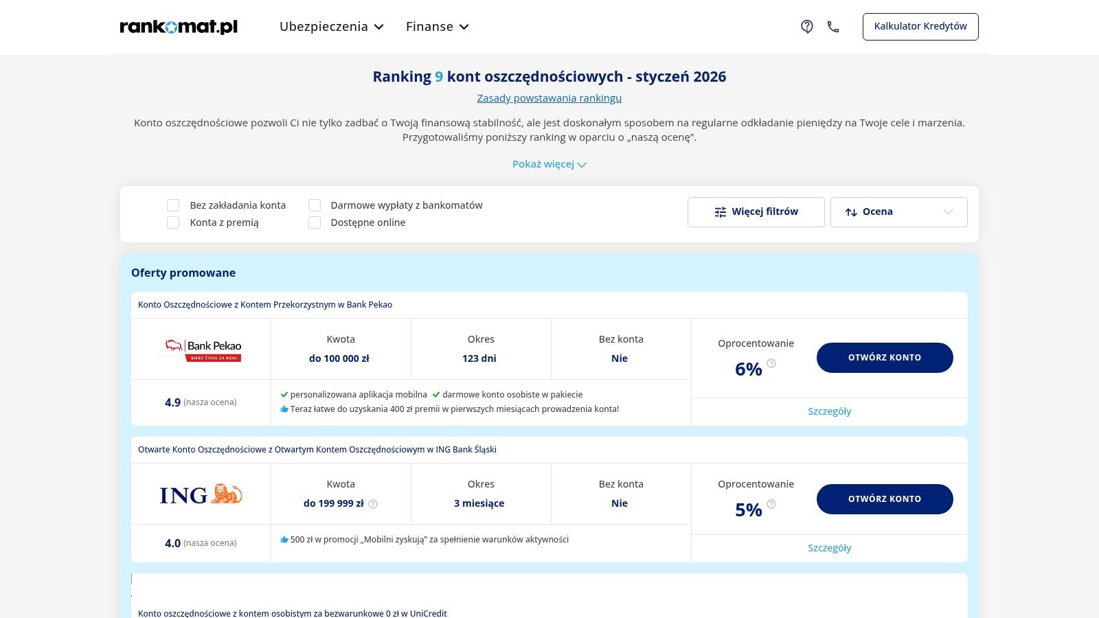 Ranking rachunków oszczędnościowych na stronie Rankomat.pl