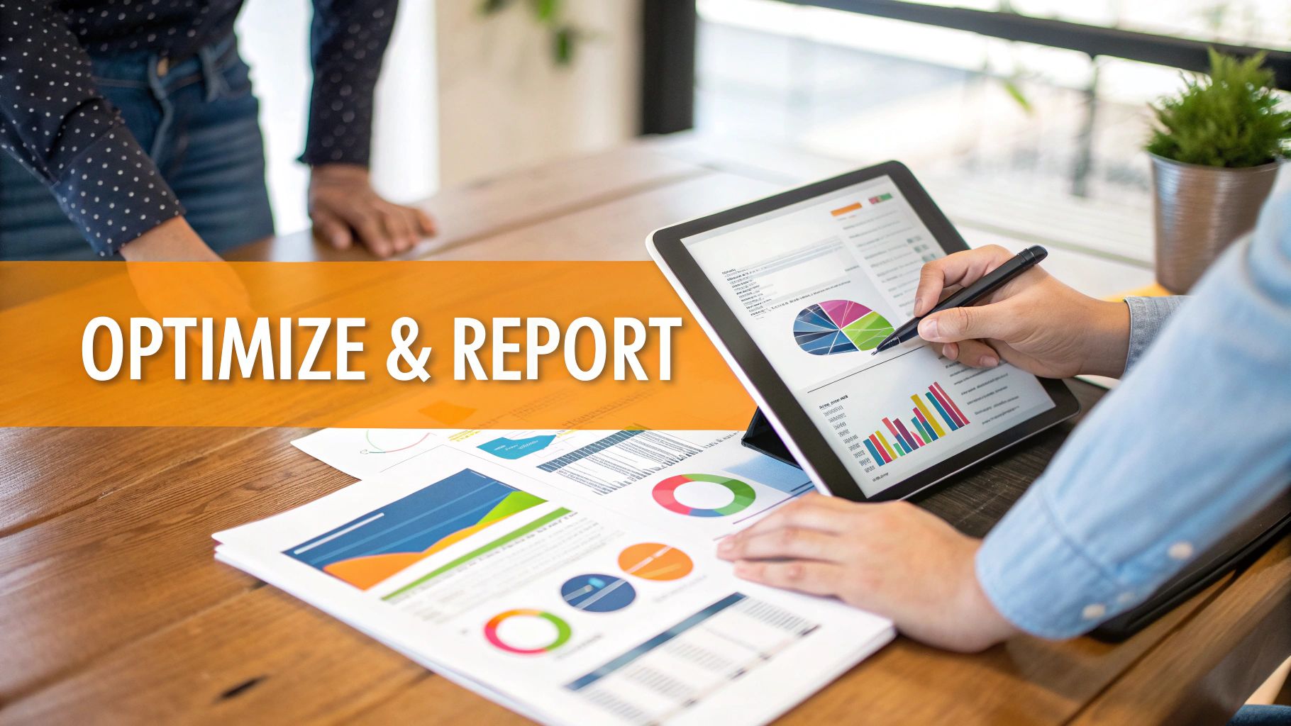 A person pointing at a colorful marketing dashboard on a screen.