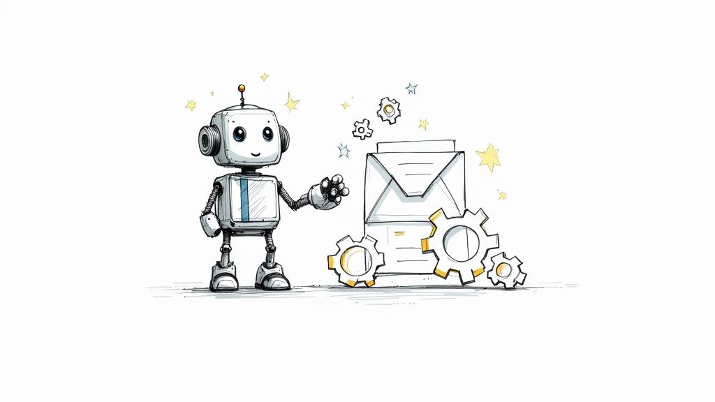 An illustration showing a laptop with email icons flowing out of it, representing an automated email marketing system.