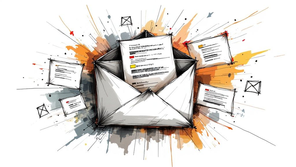 Close-up of an email inbox on a smartphone screen showing several unread messages with bold subject lines