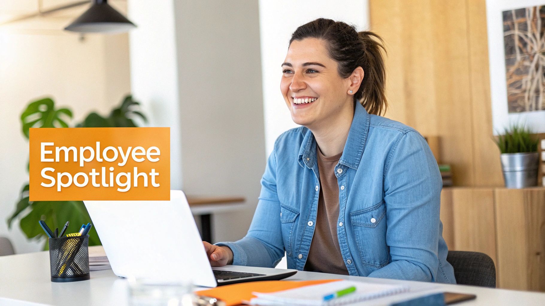 Smiling employee working on laptop in modern office for company newsletter feature story