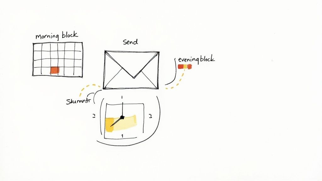 A person's hands scheduling an email campaign on a tablet, with a calendar and clock icons visible on the screen.