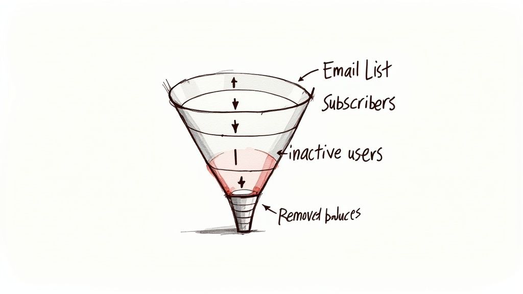 A digital illustration showing a hand tending to a garden of email icons, symbolizing list hygiene and growth.