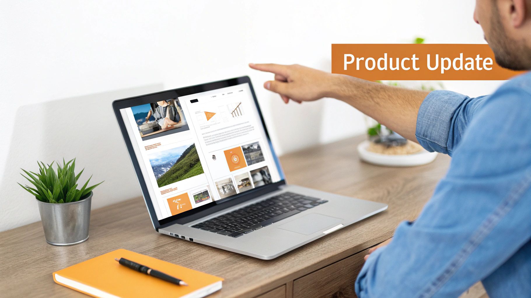 Professional man pointing at laptop screen displaying product update presentation with orange branding elements
