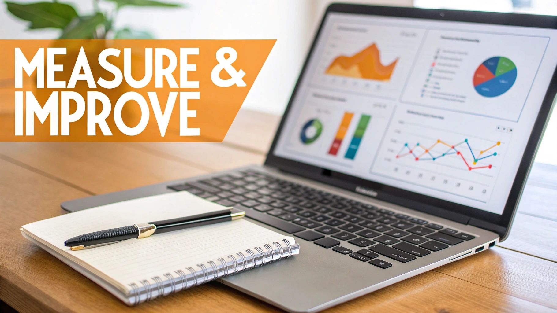 A laptop displays charts and graphs for business analysis, with a notebook and pen on a wooden desk and 'MEASURE & IMPROVE' text.