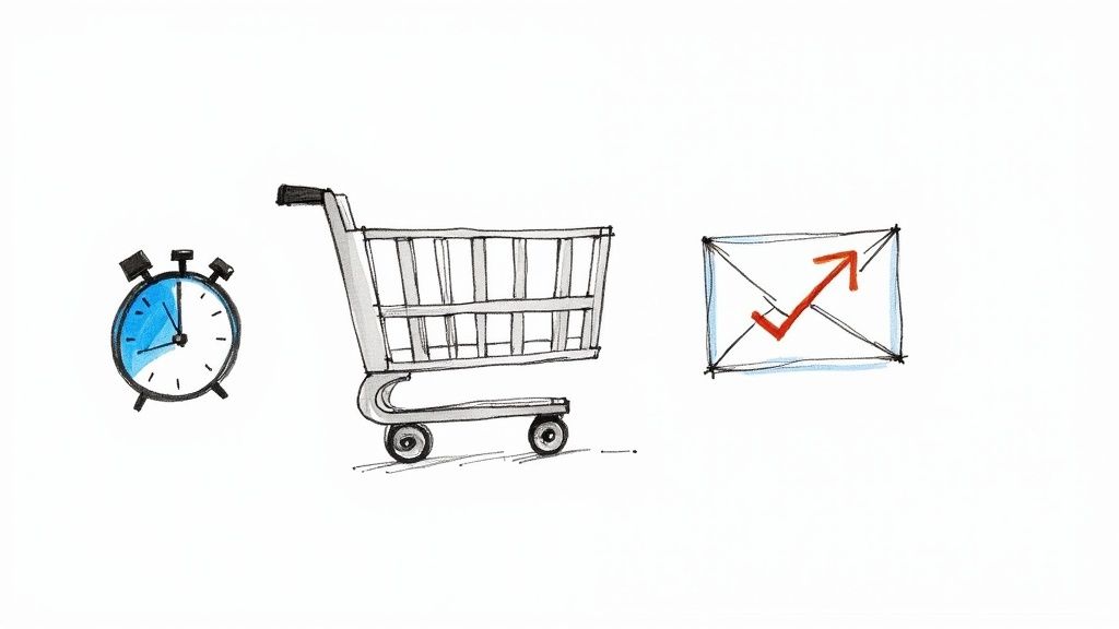 A visual representation of the Abandoned Cart Recovery Automation workflow, showing the trigger and subsequent emails sent to the customer
