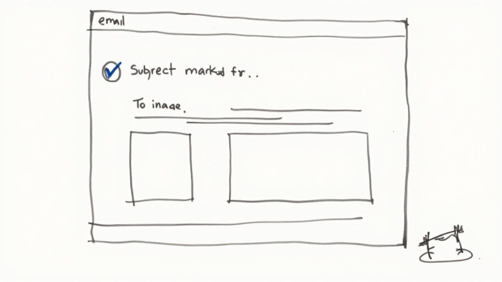 A person crafting an email on a laptop, with an inbox icon nearby showing positive engagement symbols like hearts and checkmarks.