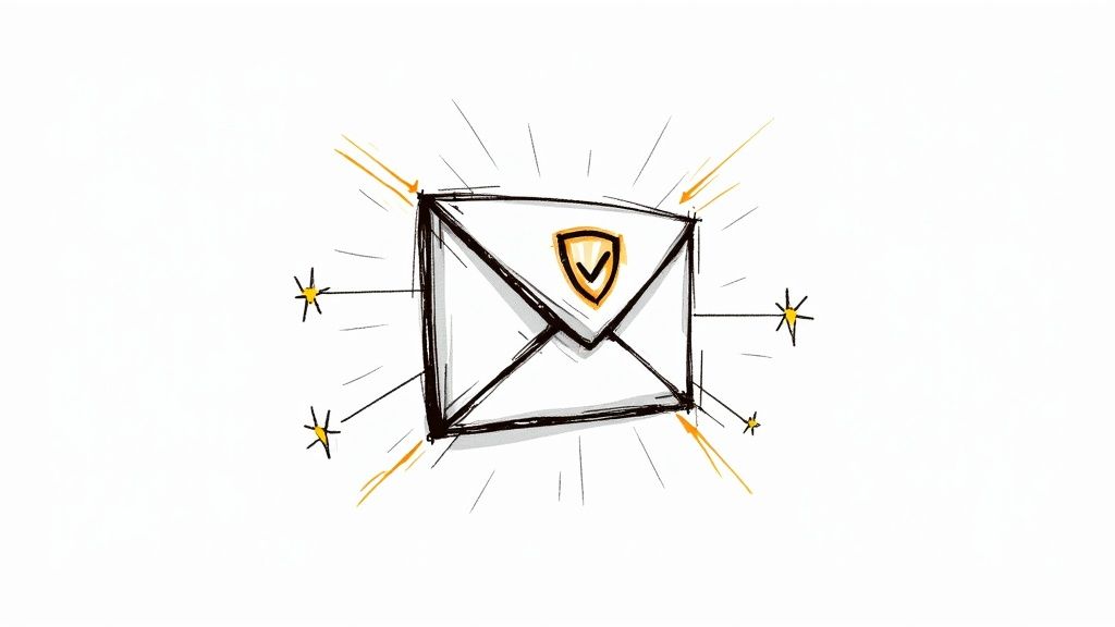 An illustration showing an email successfully landing in a primary inbox folder, while another is being diverted to a spam folder with a stop sign symbol