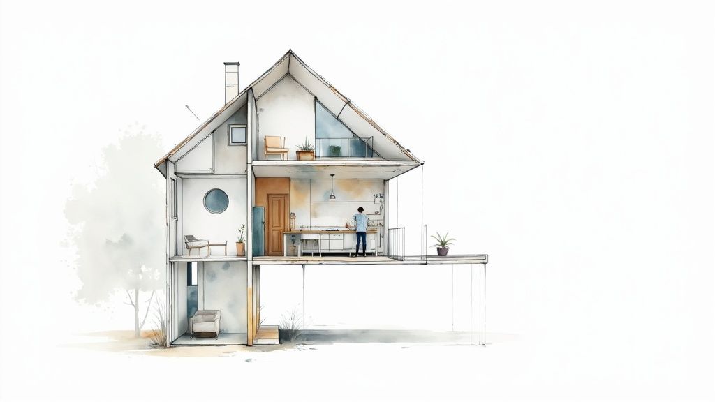 A virtual tour of a modern home being viewed on a tablet, showcasing the immersive experience of 3D walkthroughs.