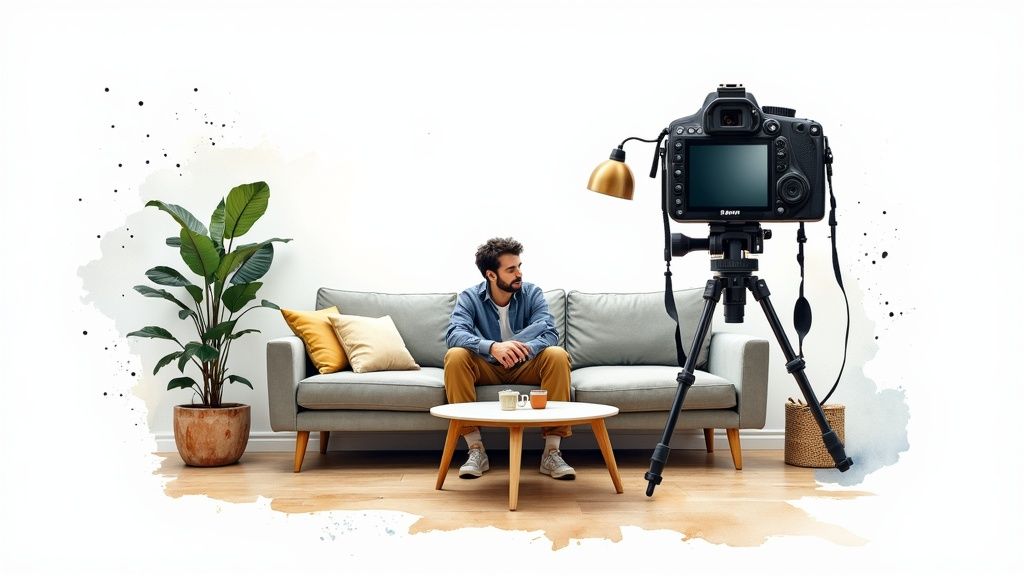 An agent filming a property tour on a smartphone, highlighting the accessibility of video marketing for real estate.