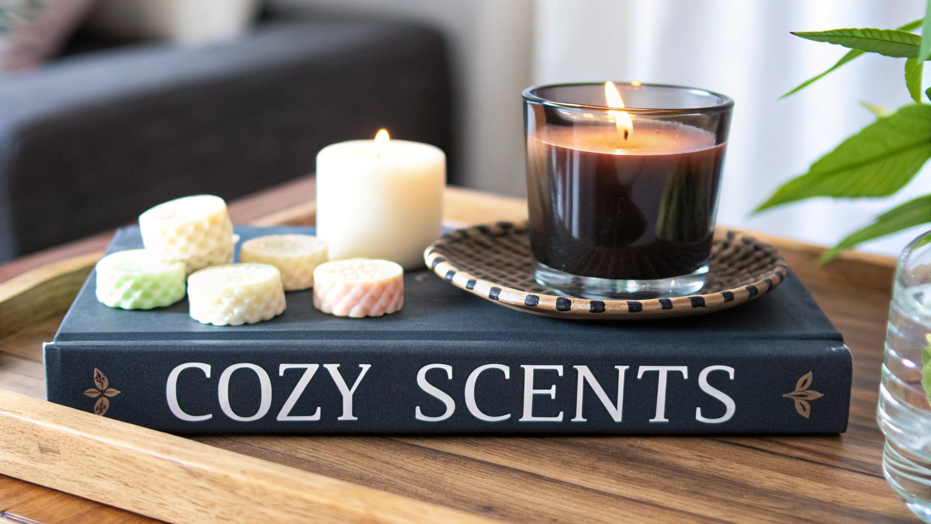 A collection of scented candles and wax melts arranged on a wooden surface, showing different sizes, colors, and containers, highlighting their decorative appeal.