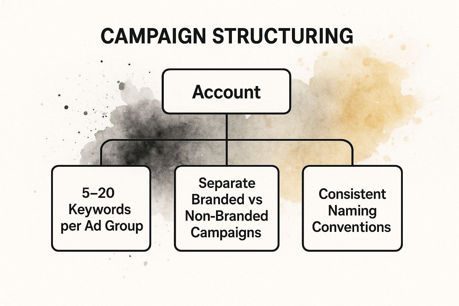Infographic titled 'Campaign Structuring' showing a hierarchy diagram. The top node is 'Account', which branches to three child nodes: '5–20 Keywords per Ad Group', 'Separate Branded vs Non-Branded Campaigns', and 'Consistent Naming Conventions'.