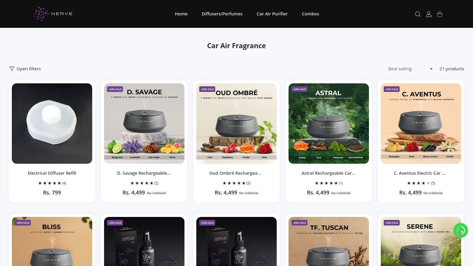 A screenshot of the Nerve Fragrances website showing their car air fragrance collection.