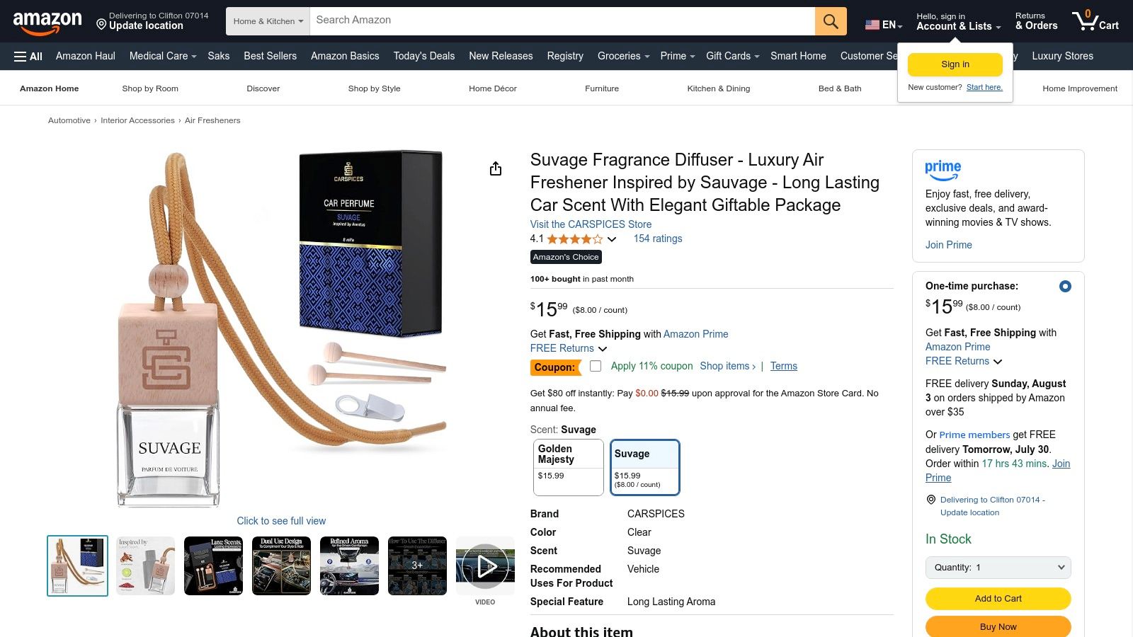 Amazon – Carspices Suvage Car Fragrance Diffuser