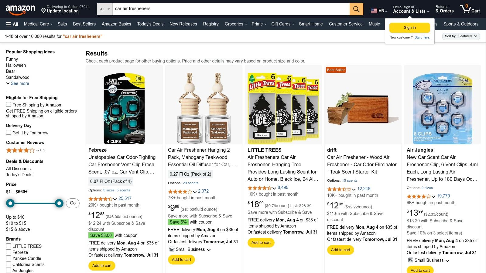 A screenshot of the Amazon search results page for "car air fresheners," showing a wide variety of products.