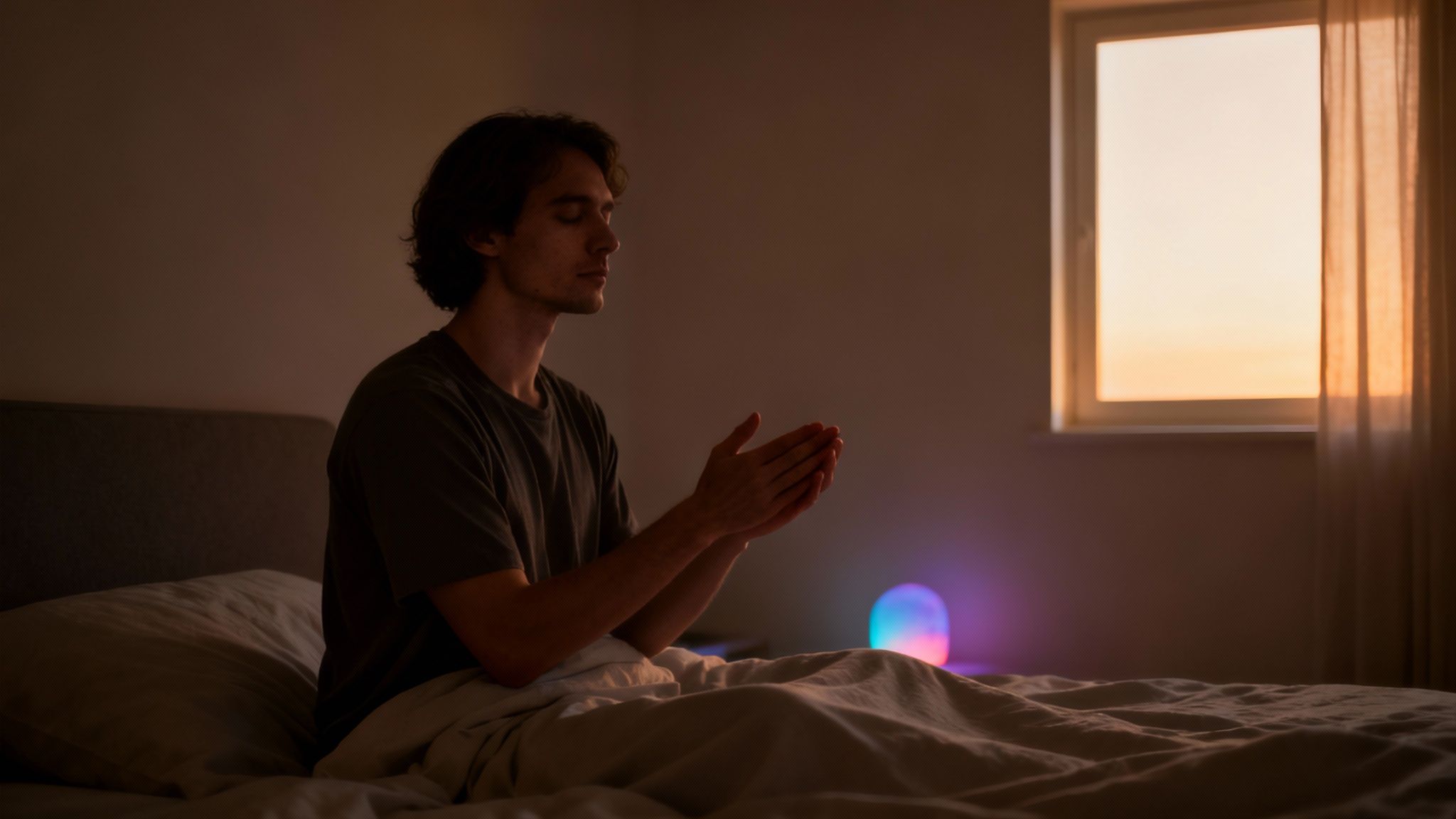 A man with closed eyes meditates in bed, hands clasped, with soft window light and a glowing lamp.