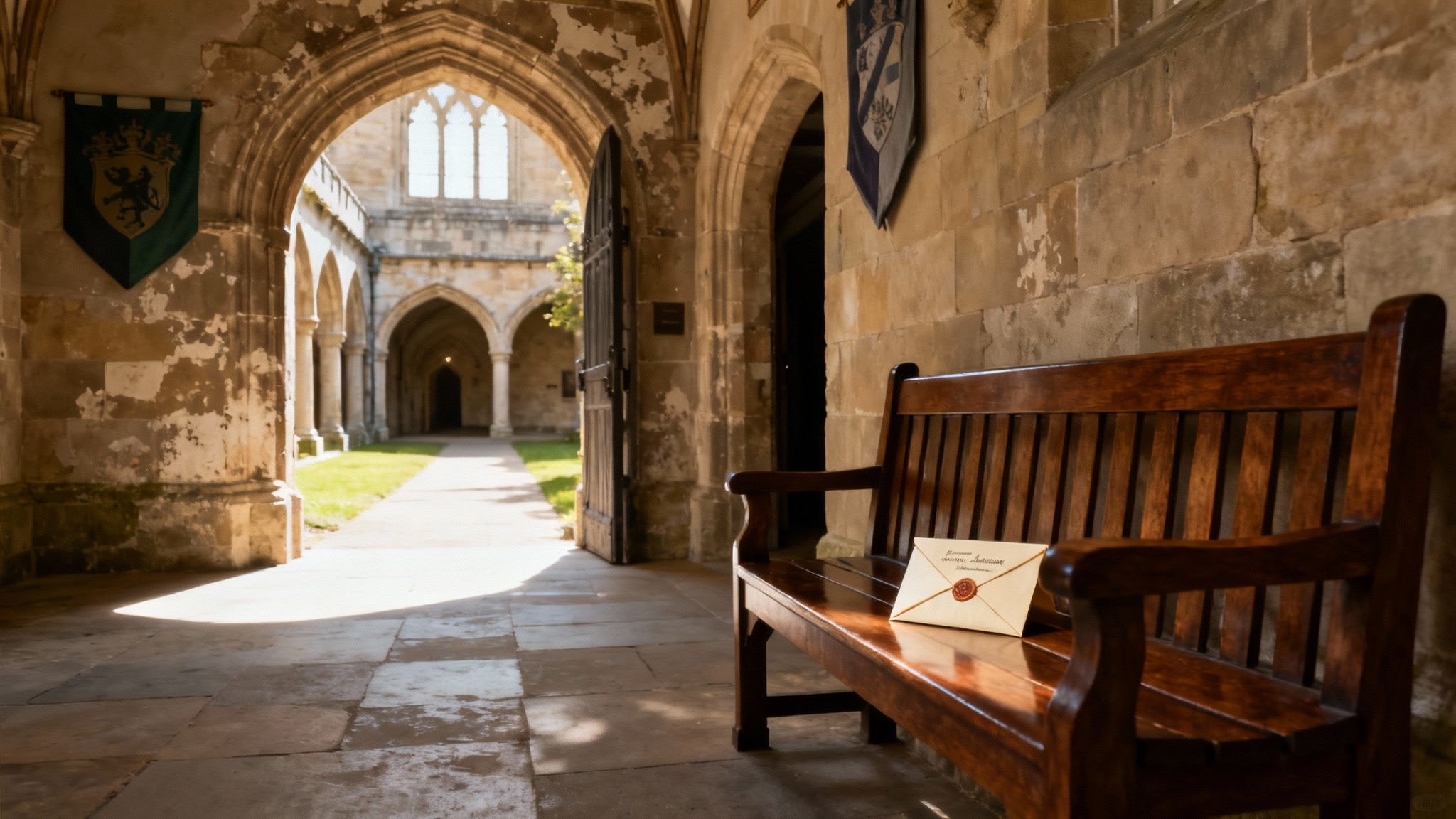 A cloister with stone arches, a sunny path, and a wooden bench holding a Hogwarts-style letter.