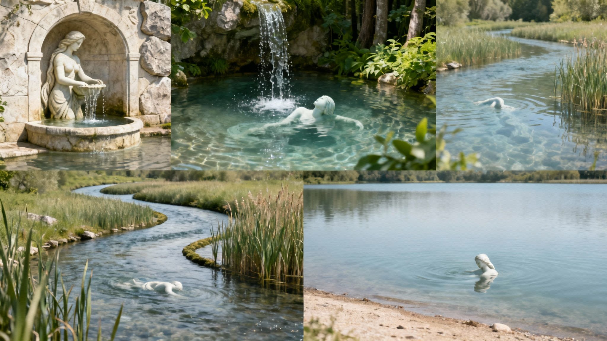 Collection of serene water features with classical statues and swans in natural settings