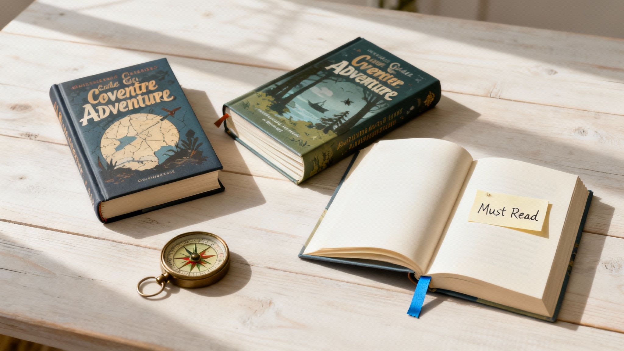A young person sitting on a stack of books, reading an open adventure book as if on a quest.