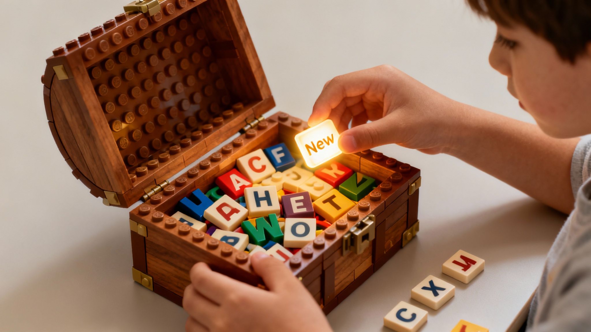 Child placing colorful letter tiles from LEGO treasure chest to create new words