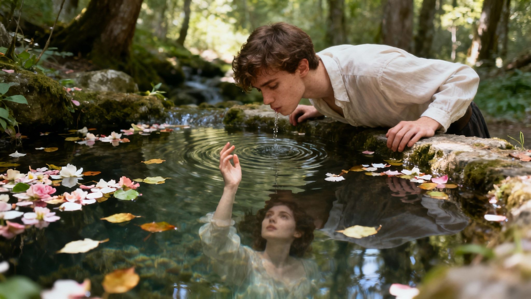 Young man leaning over forest pond reaching toward ethereal woman submerged in water with flowers
