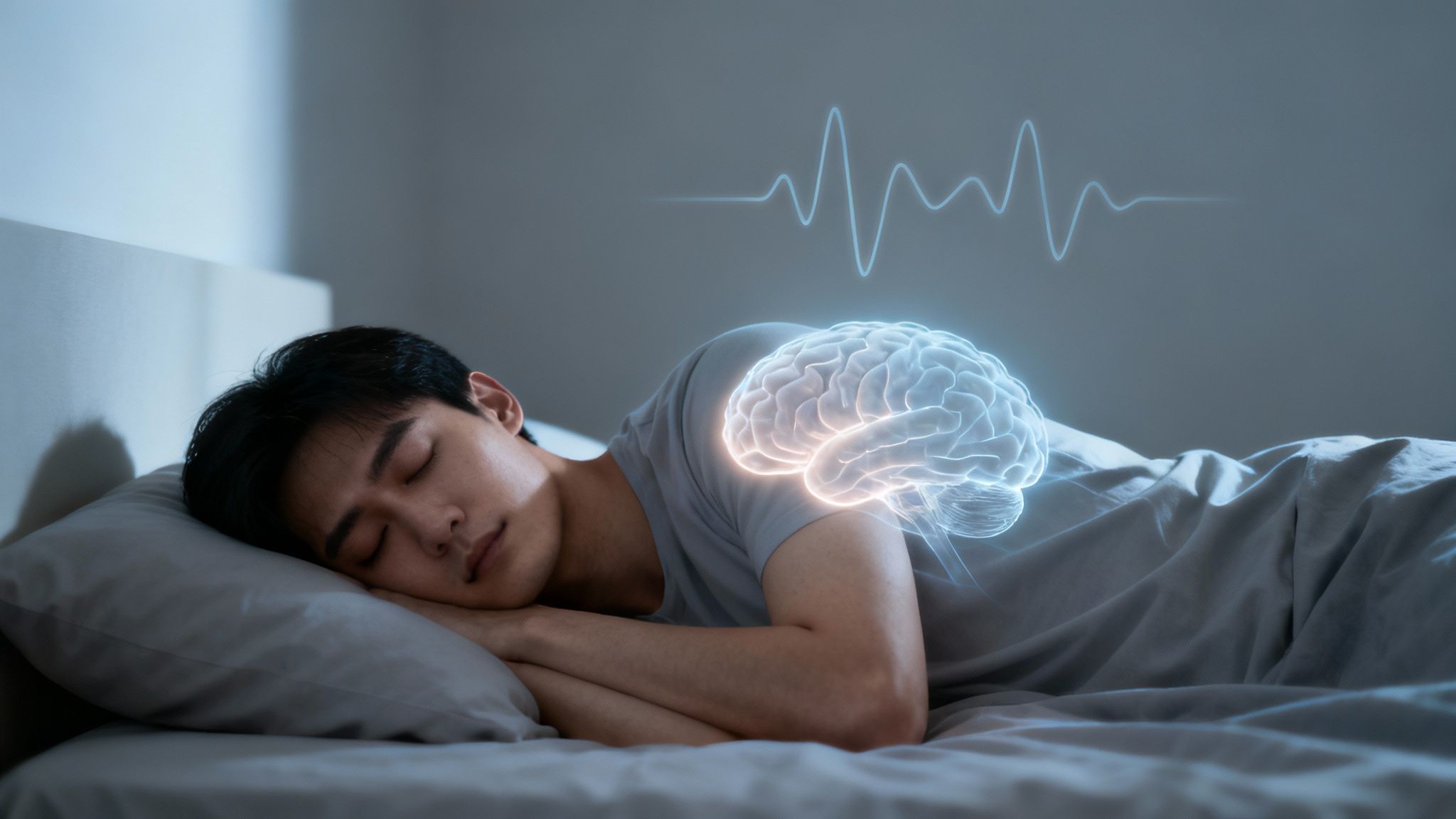 A person sleeping with an overlay of colorful dream imagery and neural pathways.