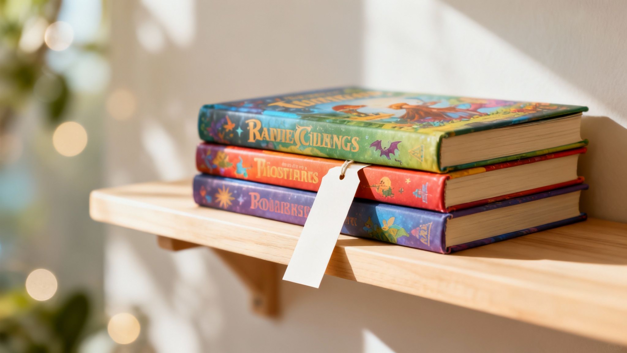 A child sits on a large, open book, looking out at a fantastical landscape of floating islands and flying creatures.