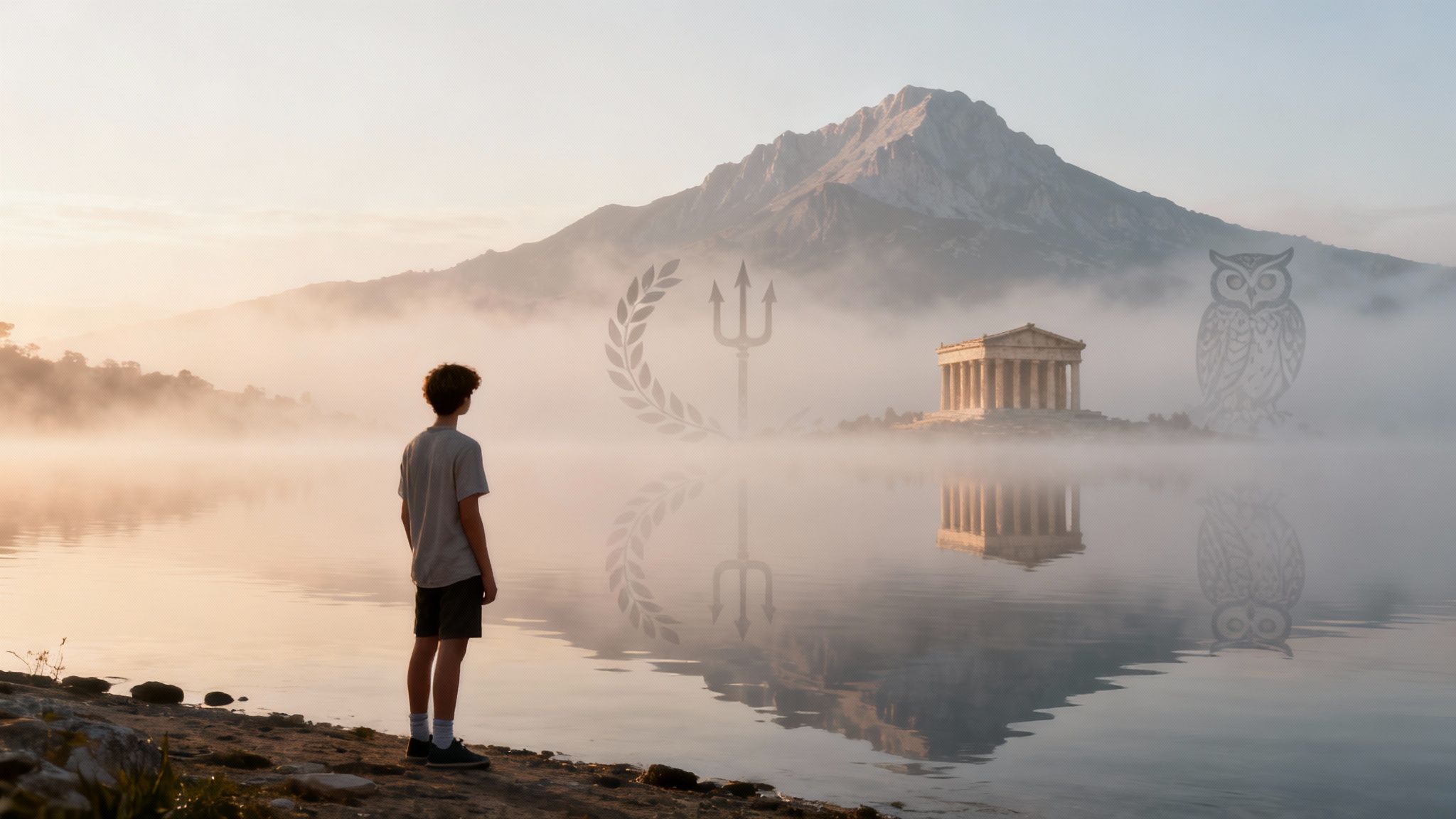 Boy by a misty lake gazing at a Greek temple, trident, and owl symbols in the fog.