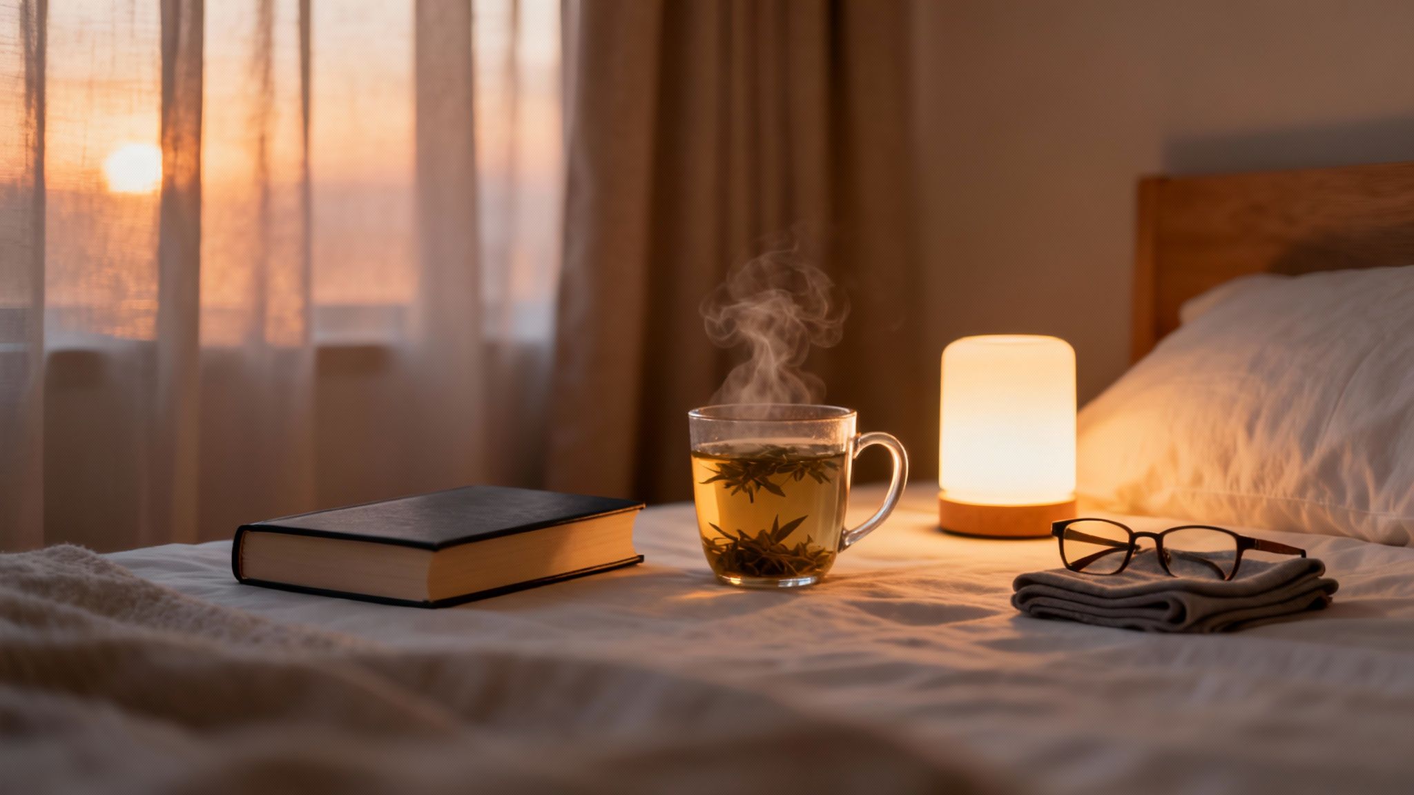 A serene bedroom at dusk with a comfortable bed and soft lighting.