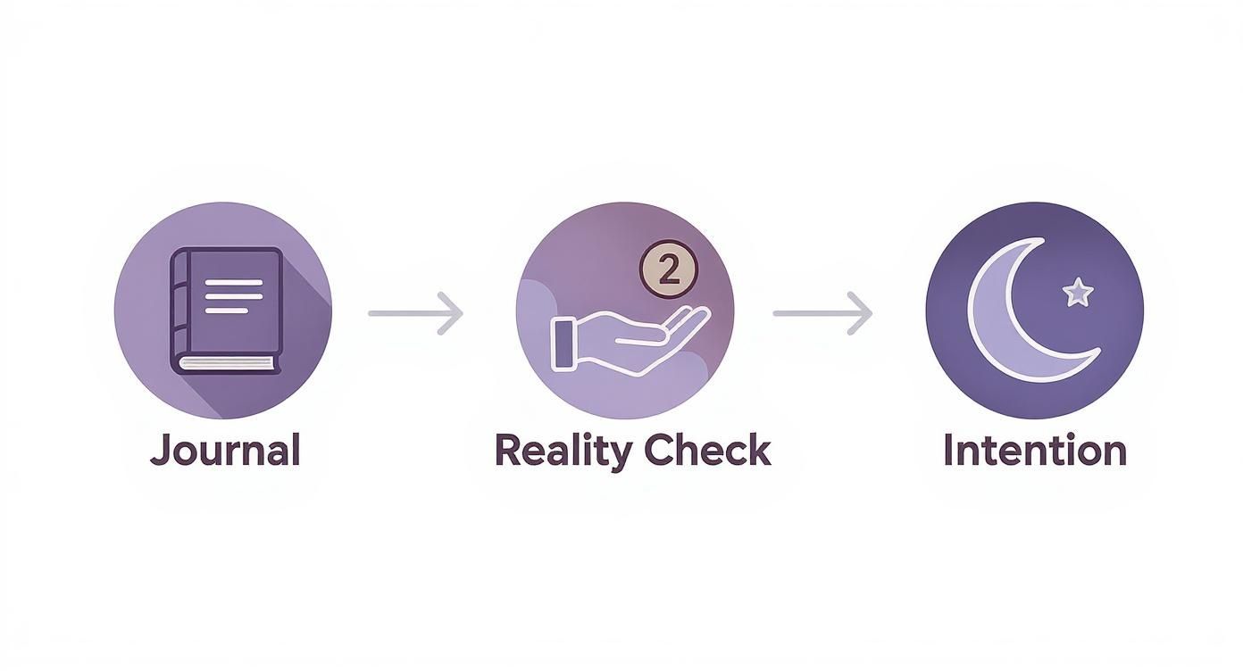 Three steps for lucid dreaming: Journal, Reality Check (showing number 2), and Intention (moon and star).