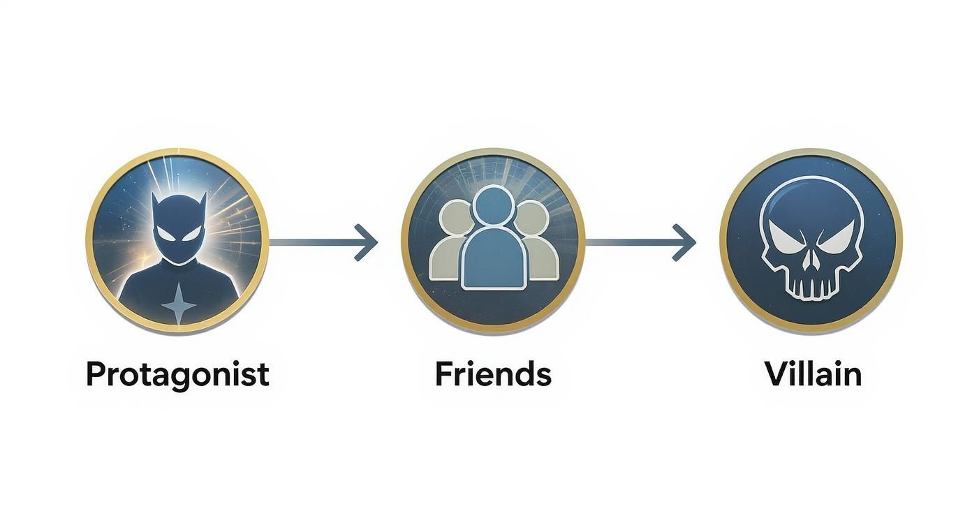 A diagram showing a protagonist, then friends, then a villain, connected by arrows, illustrating a story progression.