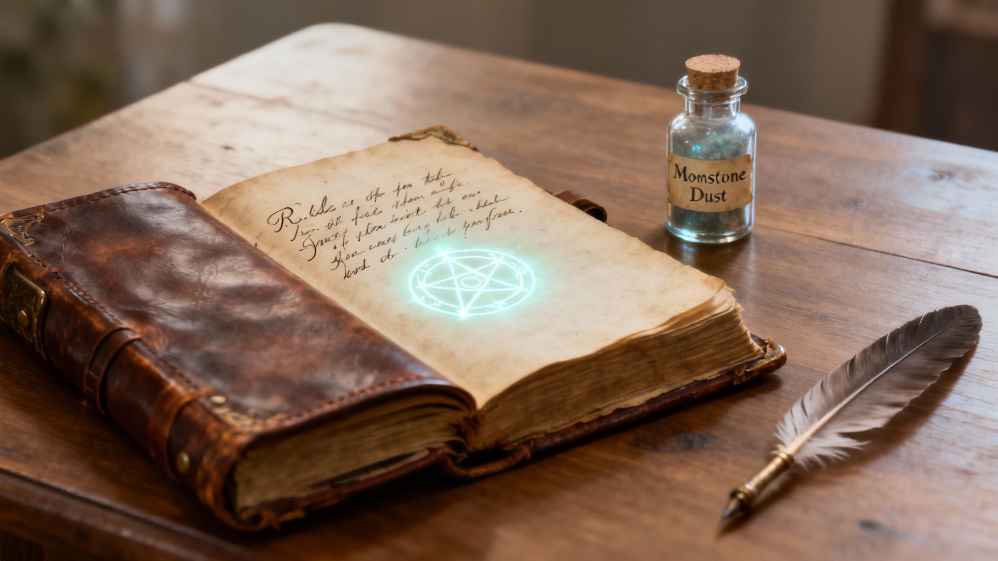 An open old book with a glowing magical symbol, handwritten text, a quill, and a 'Momstone Dust' bottle.