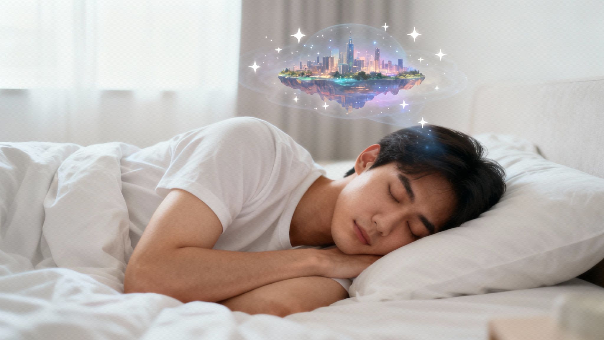 A person sleeping peacefully, with whimsical dream clouds floating above their head.