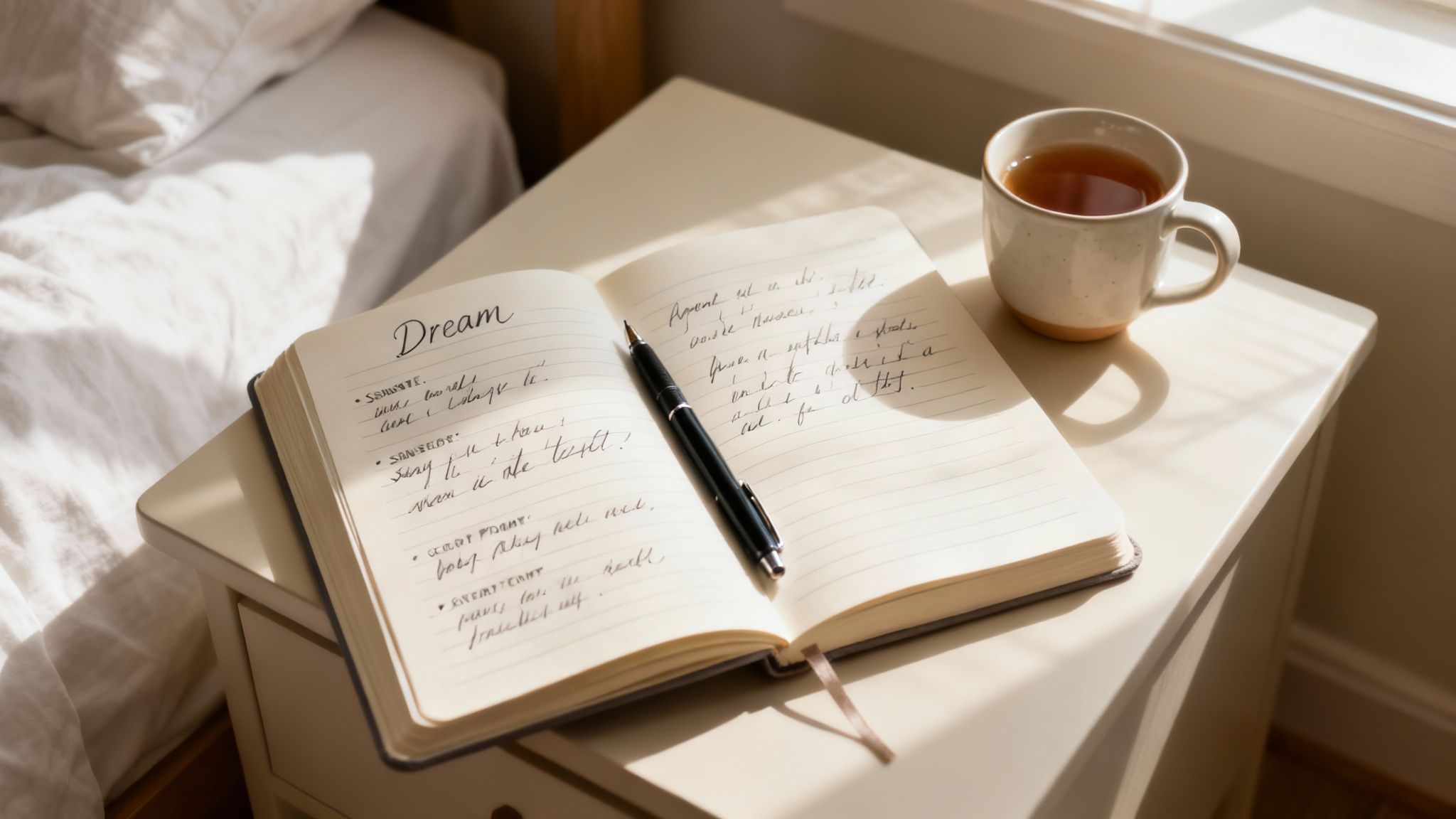A close-up shot of a person's hands writing in a journal with a pen, with soft, dreamy lighting.