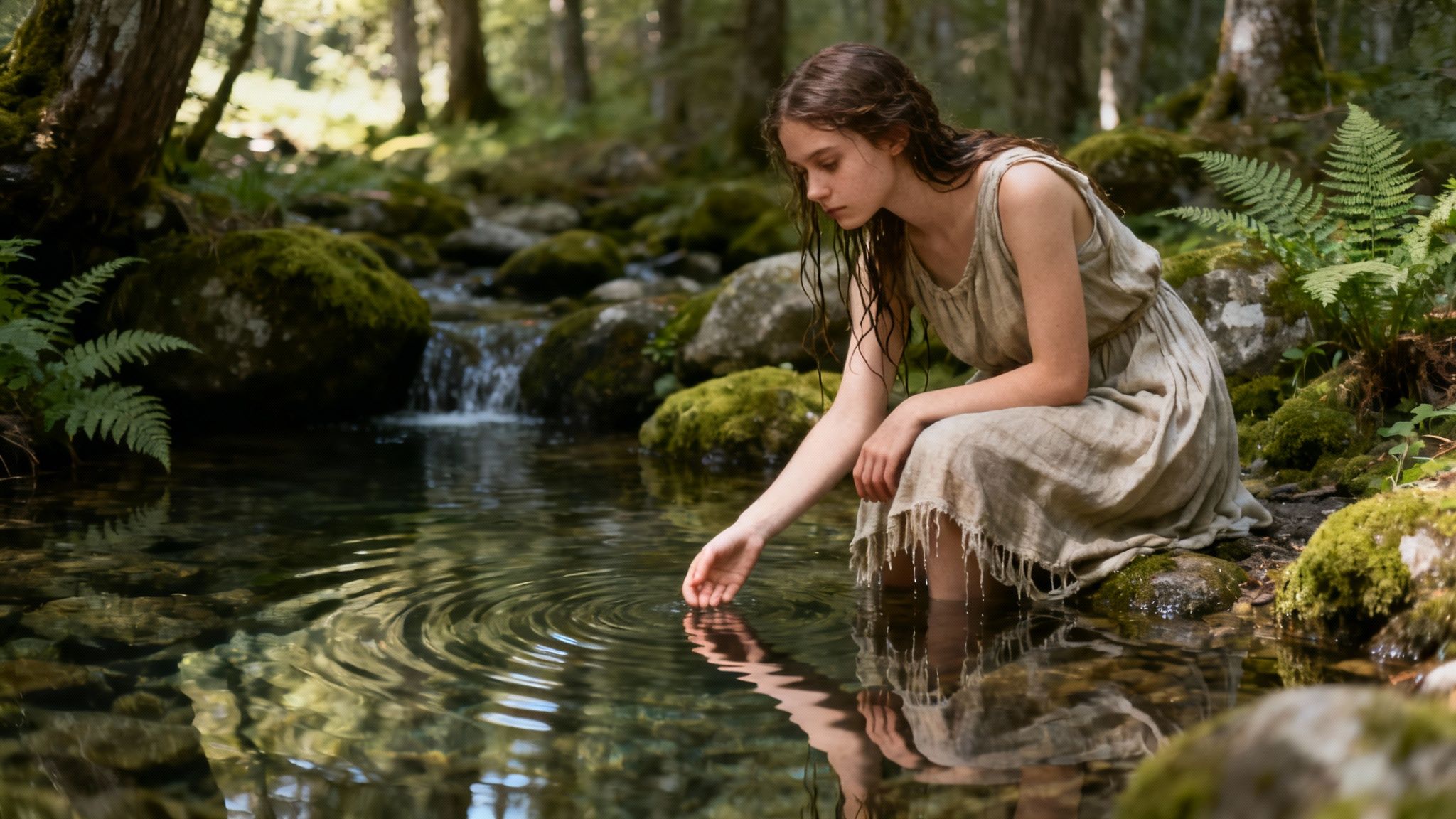 Young woman in linen dress touching water surface in mossy forest stream
