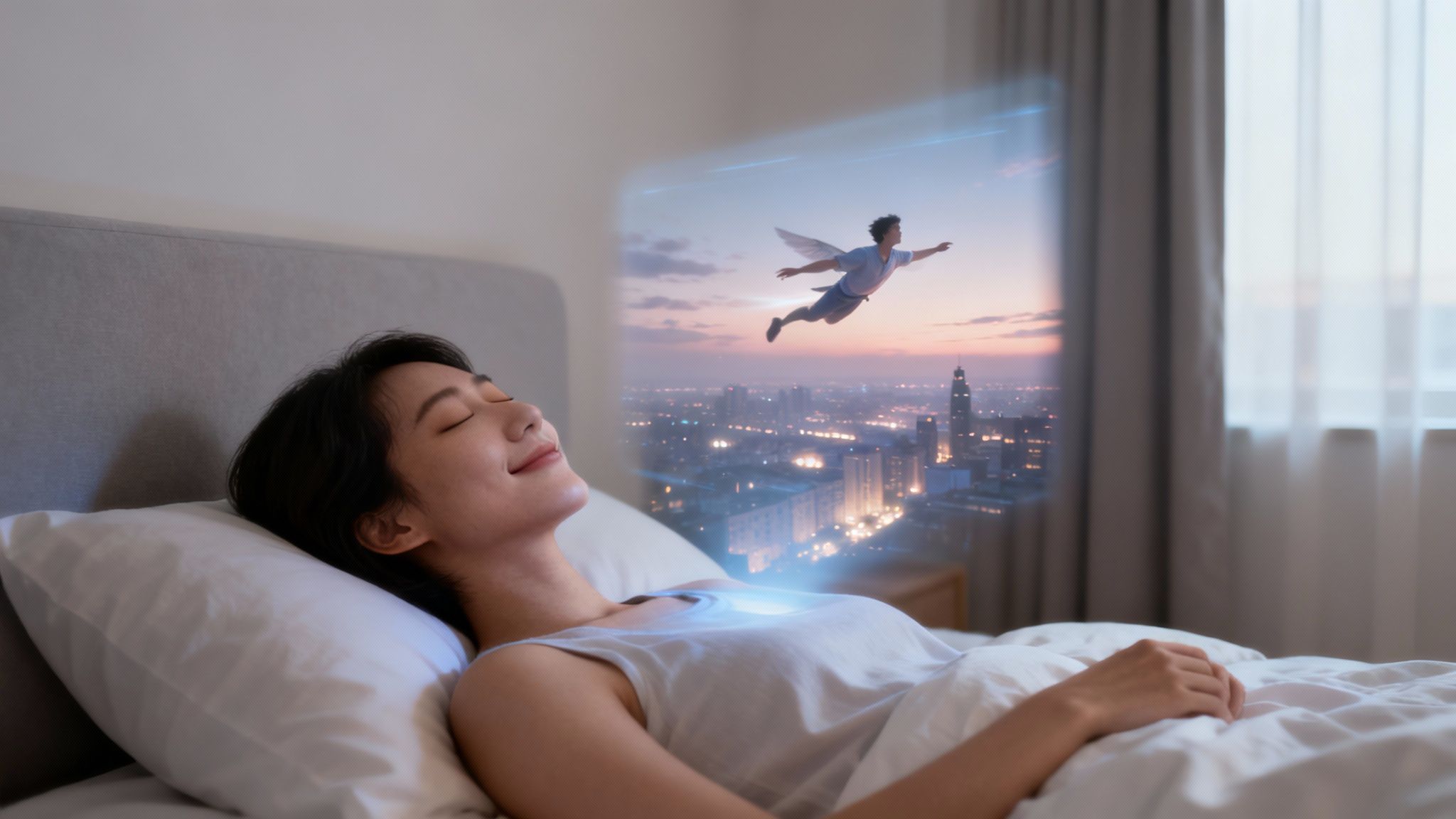 A person's silhouette is flying joyfully through a starry, dream-like sky over a stylized city.