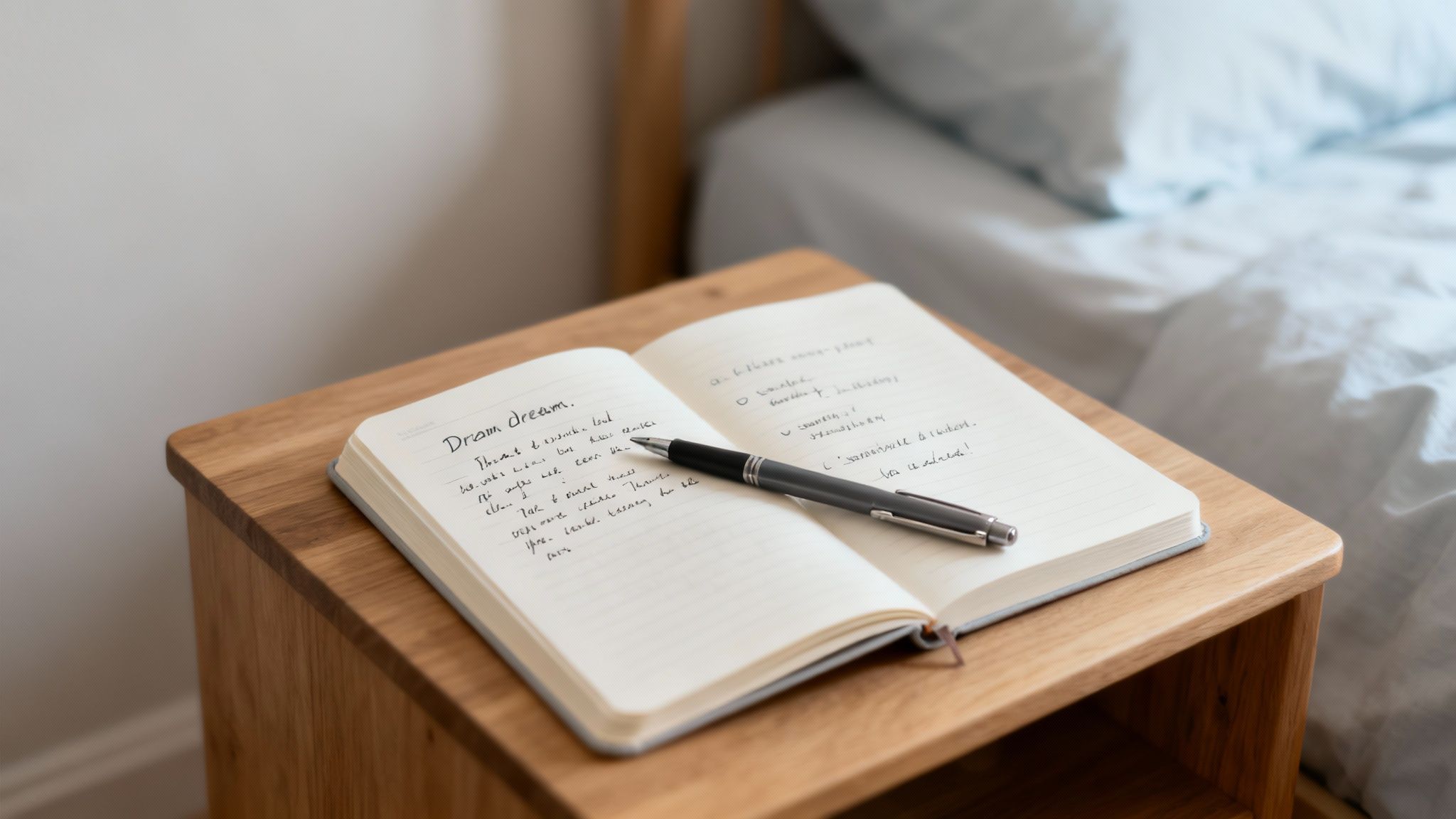 An open notebook with handwritten notes and a pen rests on a wooden bedside table next to a bed.