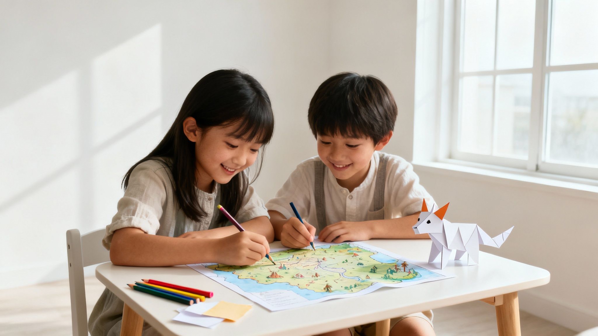 A child drawing a map of a fantasy world, with scrolls, a compass, and magical creatures scattered around.